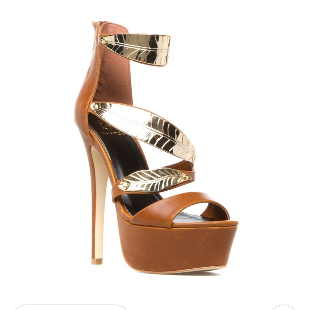 SHOEDAZZLE cognac gold leaf platform sandals